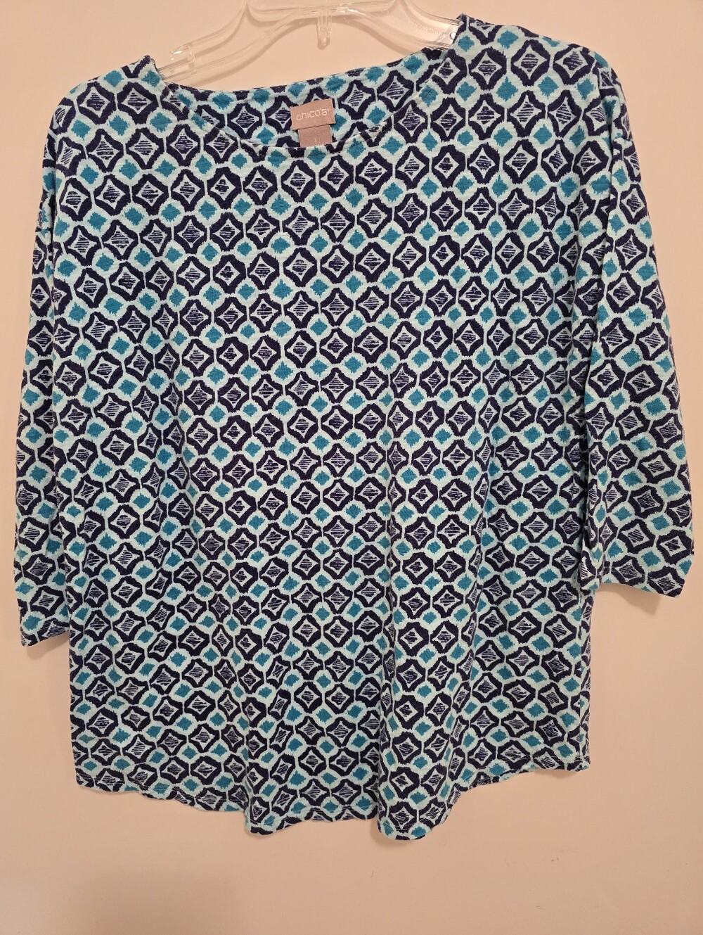 Chico's Navy and Aqua Geometric 3/4 Sleeve Top